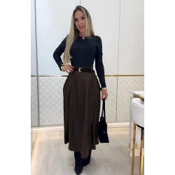 Kadın Yüksek Belli Maxi Deri Kemersiz Etek