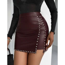 Kadın Yüksek Belli Yandan çivili Mini Deri Etek