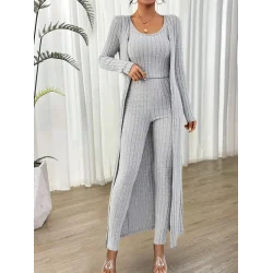 Kadın Yuvarlak Yaka Askılı Krop Bluz Yüksek Bel Tayt Ve Uzun Hırka şardonlu Kaşkorse üçlü Takım