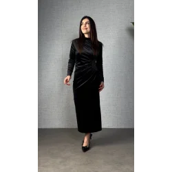 Kadınbalıkçı Yaka Büzgü Ve Taş Işleme Detay Maxi Boy Kadife Elbise