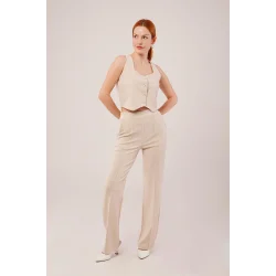 Kalın Askılı Düğmeli Yelek Ve Pantolon Bej Takım