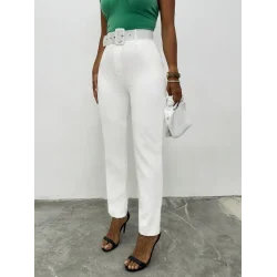 Kalın Kemerli Kumaş Pantalon   -Ekru