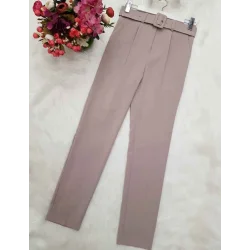 Kalın Kemerli Kumaş Pantalon   -Krem