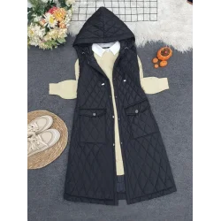 Kapaklı Cepli Kapitone Yelek -Siyah