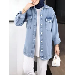 Kapaklı Cepli Puntolu Kot Ceket -Buz Mavi