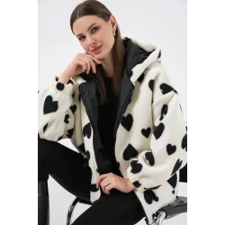 Kapüşonlu Peluş Ceket 5236 - Ekru