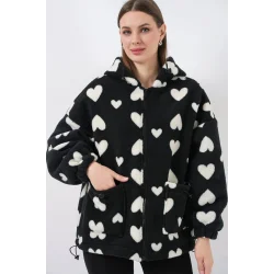Kapüşonlu Peluş Ceket 5236 - Siyah