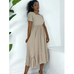 Kare Yaka Beli Lastikli Kısa Kol Ayrobin Elbise -Vizon