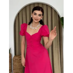 Kare Yaka Düğmeli Elbise