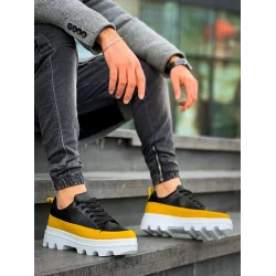 KB-056 Kuback Siyah Sarı Detaylı Beyaz Yüksek Taban Günlük Spor Ayakkabı