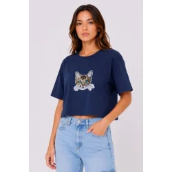 Kedi Baskılı Oversize Crop Tişört Salaş Basic Yarım Kol T-shirt - Lacivert