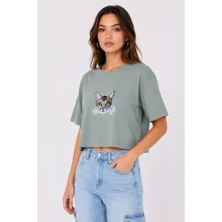 Kedi Baskılı Oversize Crop Tişört Salaş Basic Yarım Kol T-shirt - Mint Yeşili