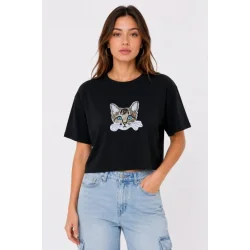 Kedi Baskılı Oversize Crop Tişört Salaş Basic Yarım Kol T-shirt - Siyah