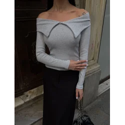Kelebek yaka uzun kol bluz Gri