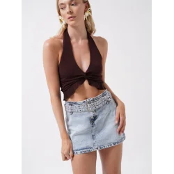 Kemer Detay Denim Mini Etek