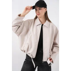 Kemer Detaylı Deri Ceket 1056 - Ekru