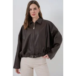 Kemer Detaylı Deri Ceket 1056 - Kahverengi