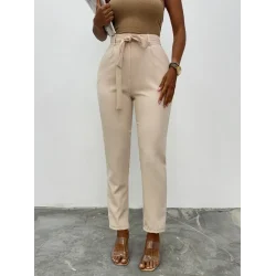 Kemerli Bilek Pantolon     -Bej