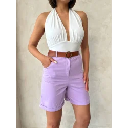 Kemerli gabardin şort lila s25735