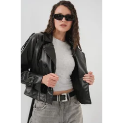Kemerli Suni Deri Ceket 1046 - Siyah