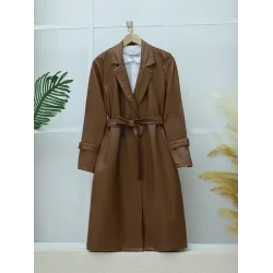 Kemerli Yan Cepli Deri Trenckot -Taba
