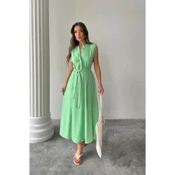 KETEN ELBİSE KOLSUZ BEL BAĞLAMALI MAXİ ELBİSE - Yeşil