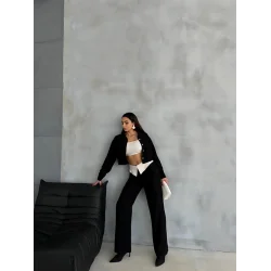 KETEN GÖMLEK-CROP-SALAŞ PANTOLON TAKIM - Siyah