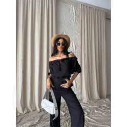 KETEN MADONNA YAKA KOL HASIR ŞERİT - PANTOLON TAKIM - Siyah