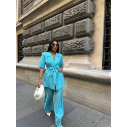 KISA KOL BAĞLAMA DETAYLI CEKET-PANTOLON TAKIM - Mavi