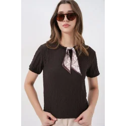 Kısa Kol Fularlı Örme Bluz 981 - Kahverengi