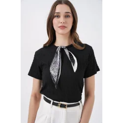 Kısa Kol Fularlı Örme Bluz 981 - Siyah