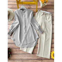 Kol Manşeti Drapeli Oval Kesim Gömlek  -Gri