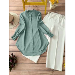 Kol Manşeti Drapeli Oval Kesim Gömlek    -Mint