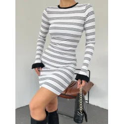 Kol Ucu Volan Çizgili Kaşkorse Elbise -Beyaz