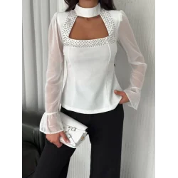 Kolları Şifon Göğüste İnci Boncuk Detaylı Bluz - Beyaz