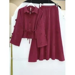 Kolları Ve Eteği Çiçekli Beli Bağcıklı Gömlek Etek İkili Modal Takım   -Mürdüm