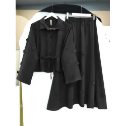 Kolları Ve Eteği Çiçekli Beli Bağcıklı Gömlek Etek İkili Modal Takım  -Siyah