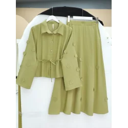 Kolları Ve Eteği Çiçekli Beli Bağcıklı Gömlek Etek İkili Modal Takım  -Yağ Yeşili