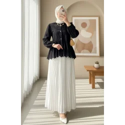 Kolu Lastikli Ajurlu Düğmeli Astarlı Gömlek -Siyah