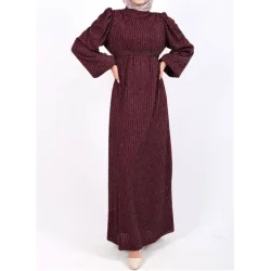 Kolu Lastikli Sim Çizgili Kemerli  Elbise -Bordo