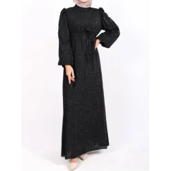 Kolu Lastikli Sim Çizgili Kemerli  Elbise -Siyah