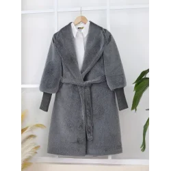 Kolu Ribanalı Şal Yaka Astarlı Kaşe Kaban -Füme
