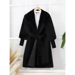 Kolu Ribanalı Şal Yaka Astarlı Kaşe Kaban -Siyah