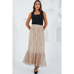Krem Desenli Şifon Etek 8010