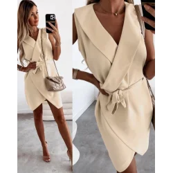 Kruvaze Yaka Kuşaklı Krep Kumaş Elbise