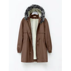 Kürklü Çıkma Kapşonlu Bağcıklı Bondit Kaban -Taba