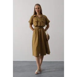 Kuşaklı Cep Detaylı Yarım Kol Elbise - Yağ Yeşili