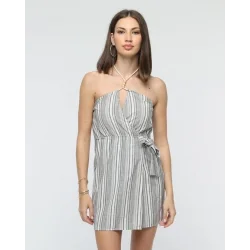 Kuşaklı çizgili mini keten elbise