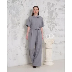 Kuşaklı gömlek yaka salaş tulum gri s255822
