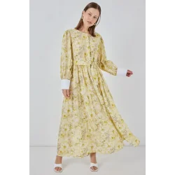 Kuşaklı Uzun Elbise 2584 - Sarı